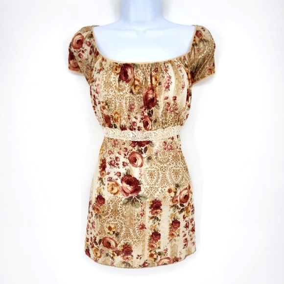 VTG Earthy Women's Babydoll Top Size 1X Tan Oxblood Floral‎ Lace Goblincore Boho - Picture 1 of 8